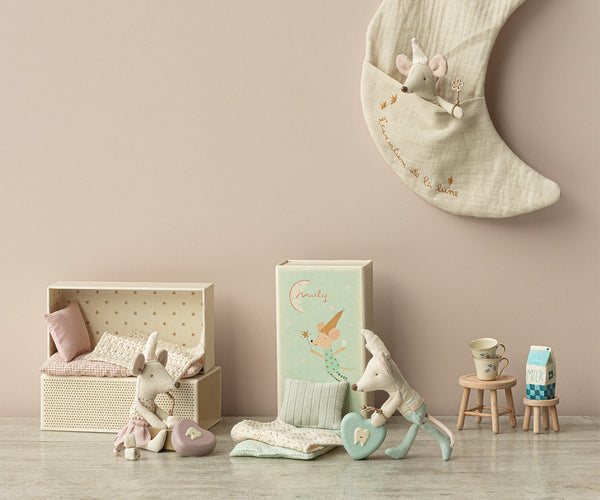 Topino fatina dei denti sorellina nella scatola di fiammiferi