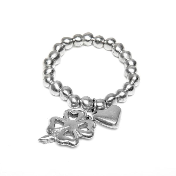 Bracciale elastico sfere cuore/quadrifoglio