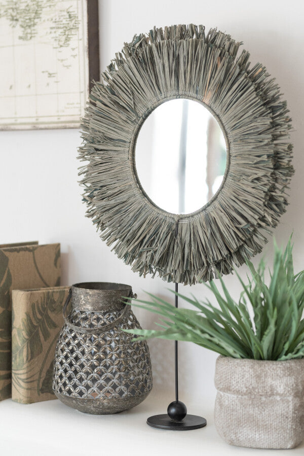 Specchio + Piede Rotondo Rattan Rafia Grigio