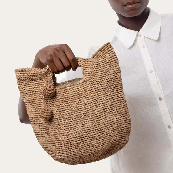 Borsa rettangolare raffia pon pon