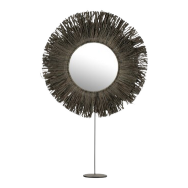 Specchio + Piede Rotondo Rattan Rafia Grigio