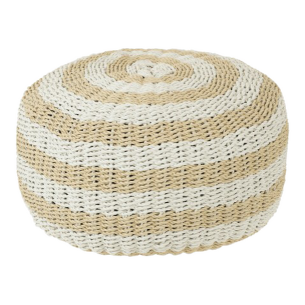 Pouf Rotondo Righe Intrecciato Plastica Bianco/Naturale