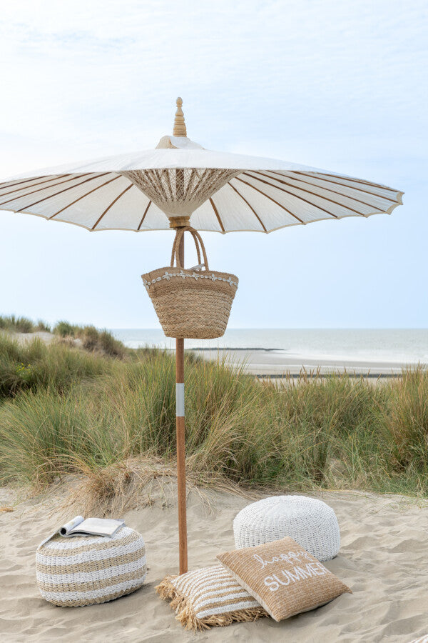 Pouf Rotondo Righe Intrecciato Plastica Bianco/Naturale